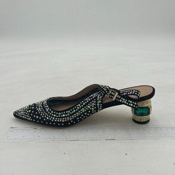 Women Pointed Toe Slingback Wedding Pumps Chunky Low Heel Rhinestone Sandals Cry - Picture 3 of 8